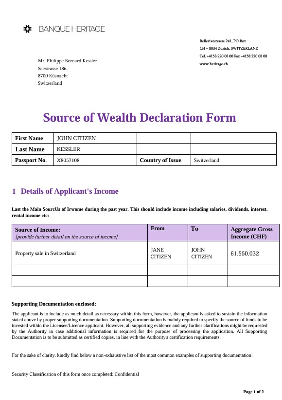 Switzerland Source of Wealth Declaration Heritage Bank